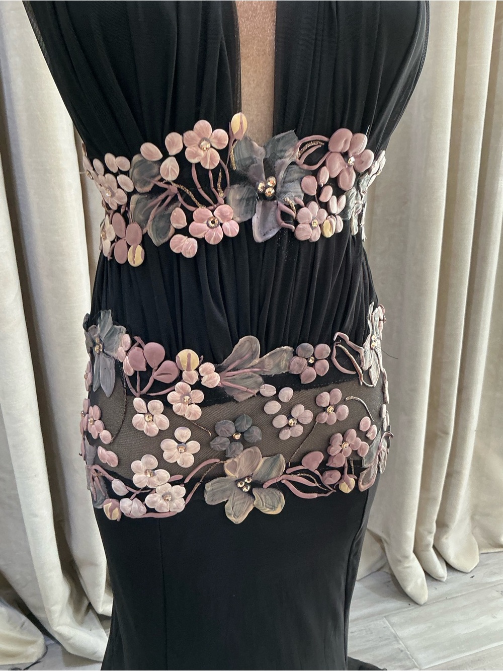 Black Halter Evening Gown with Pink Floral Embroidery - Picture 3 of 15